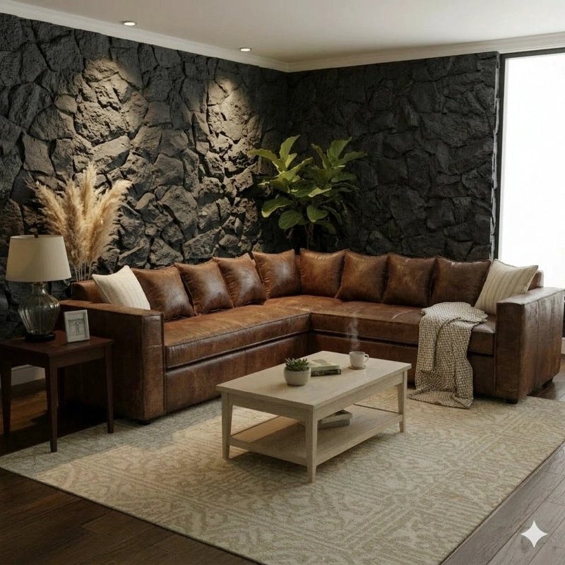 SOFA SECCIONAL BURTON CARAMELO DE CUERO SINTETICO ENVEJECIDO CON ASIENTOS DE RESORTES POCKET - 1