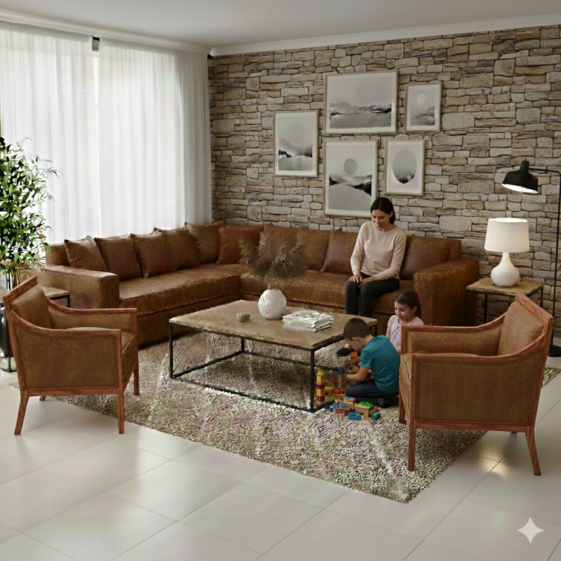 LIVING 311 BURTON CAFE EN CUERO SINTETICO ENVEJECIDO ,SECCIONAL RESORTES F COMFORT + 2 SITIALES - 2
