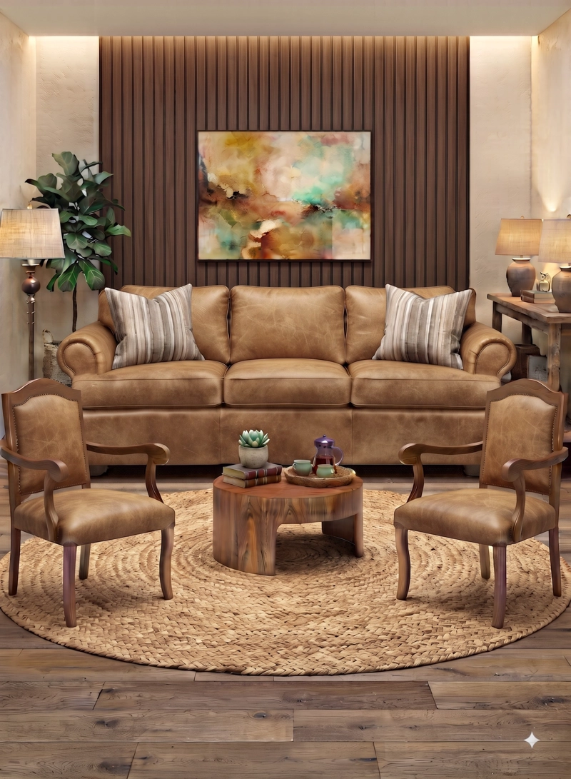 LIVING 311 MORGAN BEIGE SOFA 3 CUERPOS CON RESORTES MAS 2 SITIALES CLASICO MADERA - 1