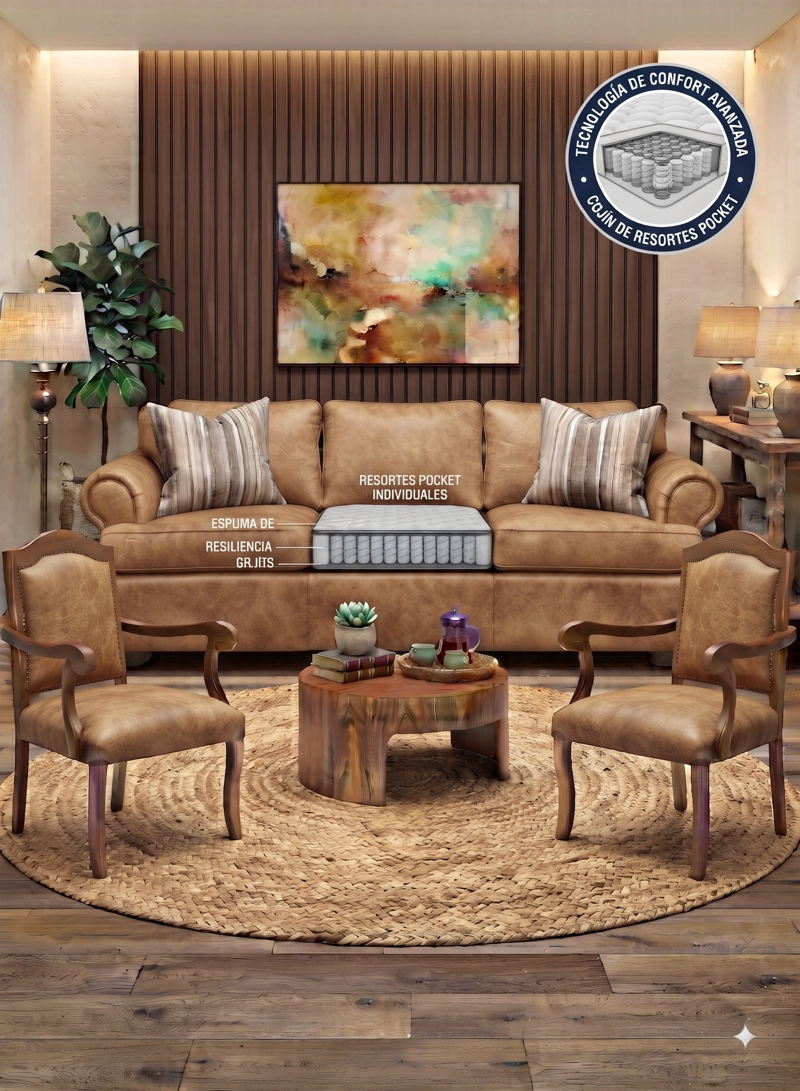 LIVING 311 MORGAN BEIGE SOFA 3 CUERPOS CON RESORTES MAS 2 SITIALES CLASICO MADERA - 2