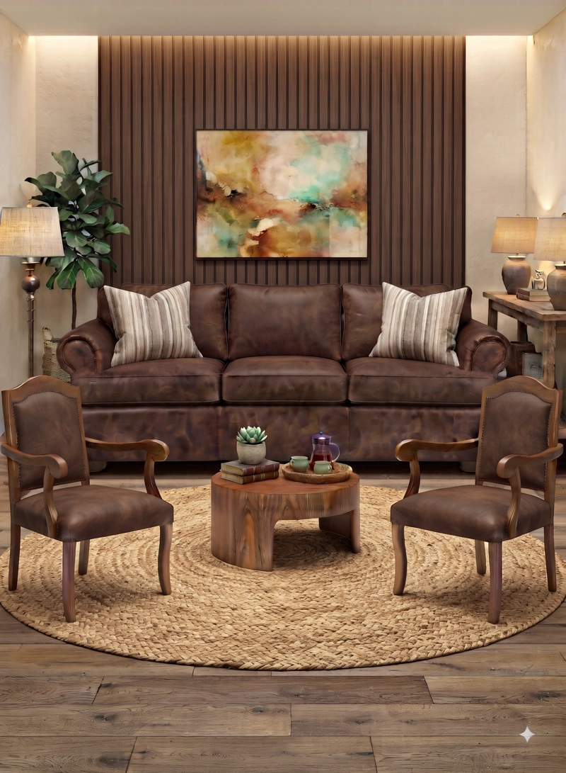 LIVING 311 MORGAN CAFE SOFA 3 CUERPOS CON RESORTES MAS 2 SITIALES CLASICO MADERA - 1