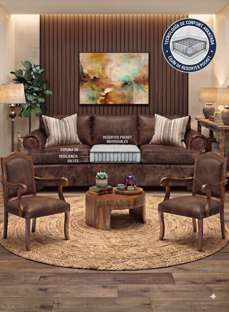 LIVING 311 MORGAN CAFE SOFA 3 CUERPOS CON RESORTES MAS 2 SITIALES CLASICO MADERA - 2