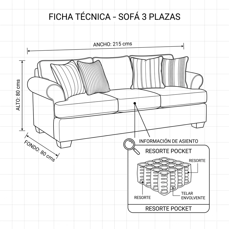 LIVING 311 MORGAN CAFE SOFA 3 CUERPOS CON RESORTES MAS 2 SITIALES CLASICO MADERA - 3