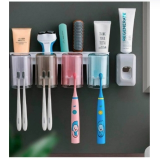 DISPENSADOR PASTA CREMA DENTAL CEPILLOS ORGANIZADOR 4 VASOS - 1