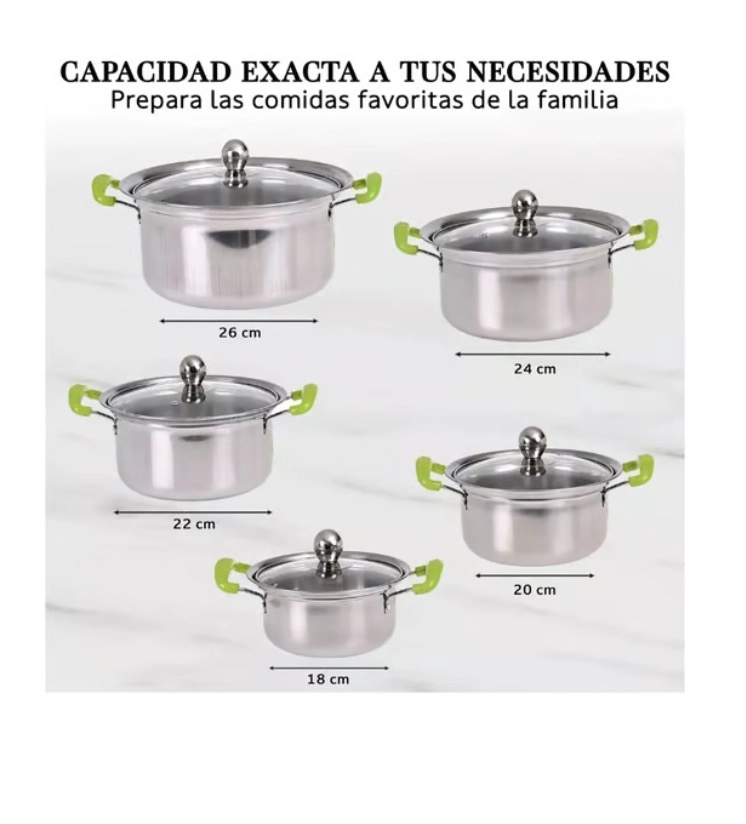 JUEGO DE OLLAS 16-18-20-22-24CM 10P INOX MANILLA VERDE - 5