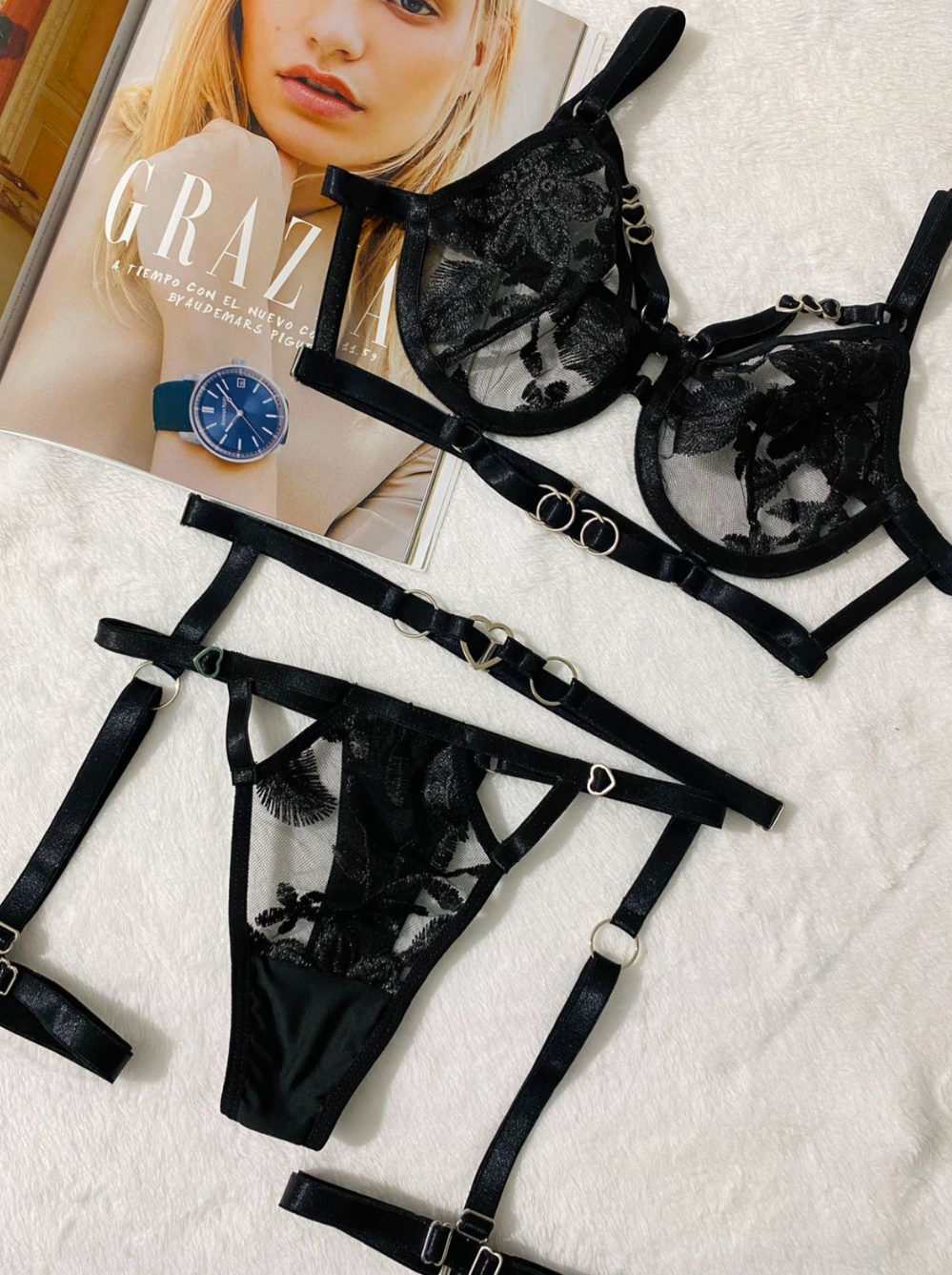 CONJUNTO LENCERIA ESMERALDA EN COLOR NEGRO 4 PIEZAS SEDUCTORA - 3