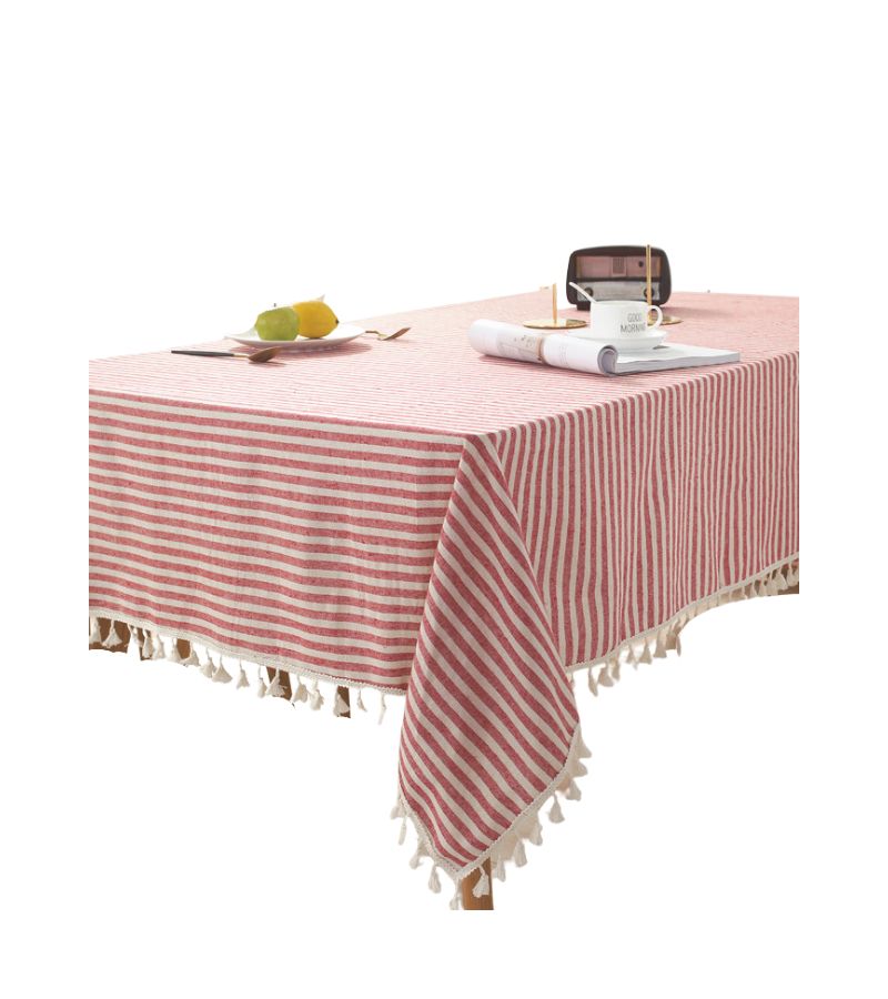 Mantel Rectangular Estampado Líneas Rojas y Beige con Borlas 140 cm x 200 cm BOHEMIK - 1