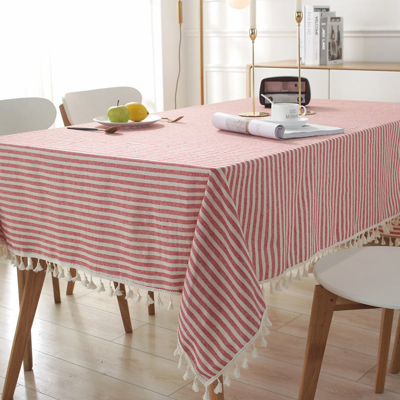 Mantel Rectangular Estampado Líneas Rojas y Beige con Borlas 140 cm x 200 cm BOHEMIK - 2