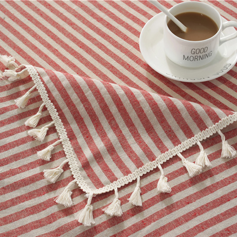 Mantel Rectangular Estampado Líneas Rojas y Beige con Borlas 140 cm x 200 cm BOHEMIK - 3