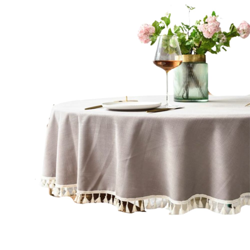 Mantel Gris Redondo con Borlas en Borde 220 cm BOHEMIK - 1