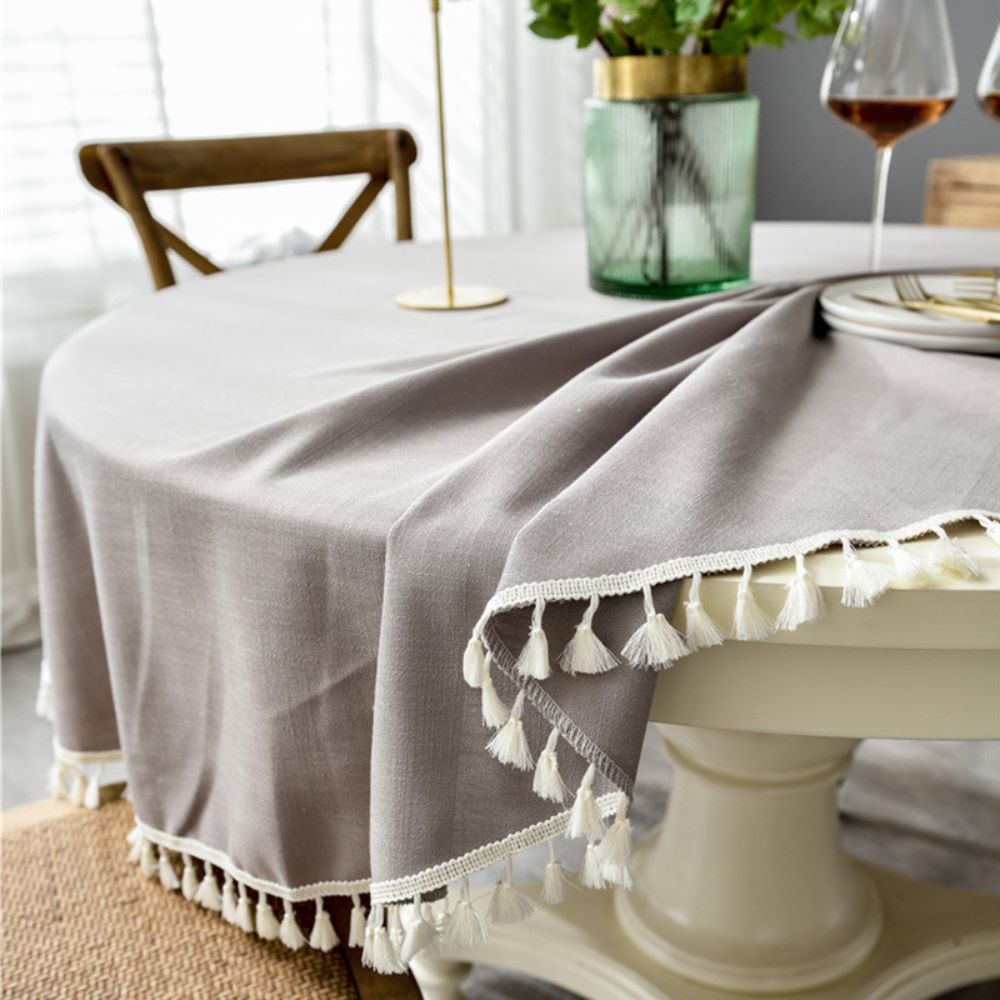 Mantel Gris Redondo con Borlas en Borde 220 cm BOHEMIK - 3
