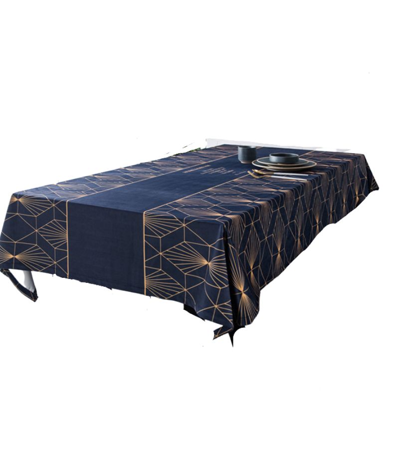 Mantel Rectangular Largo Azul Con Vivos Dorados de lino 140 cm x 220 cm BOHEMIK - 1