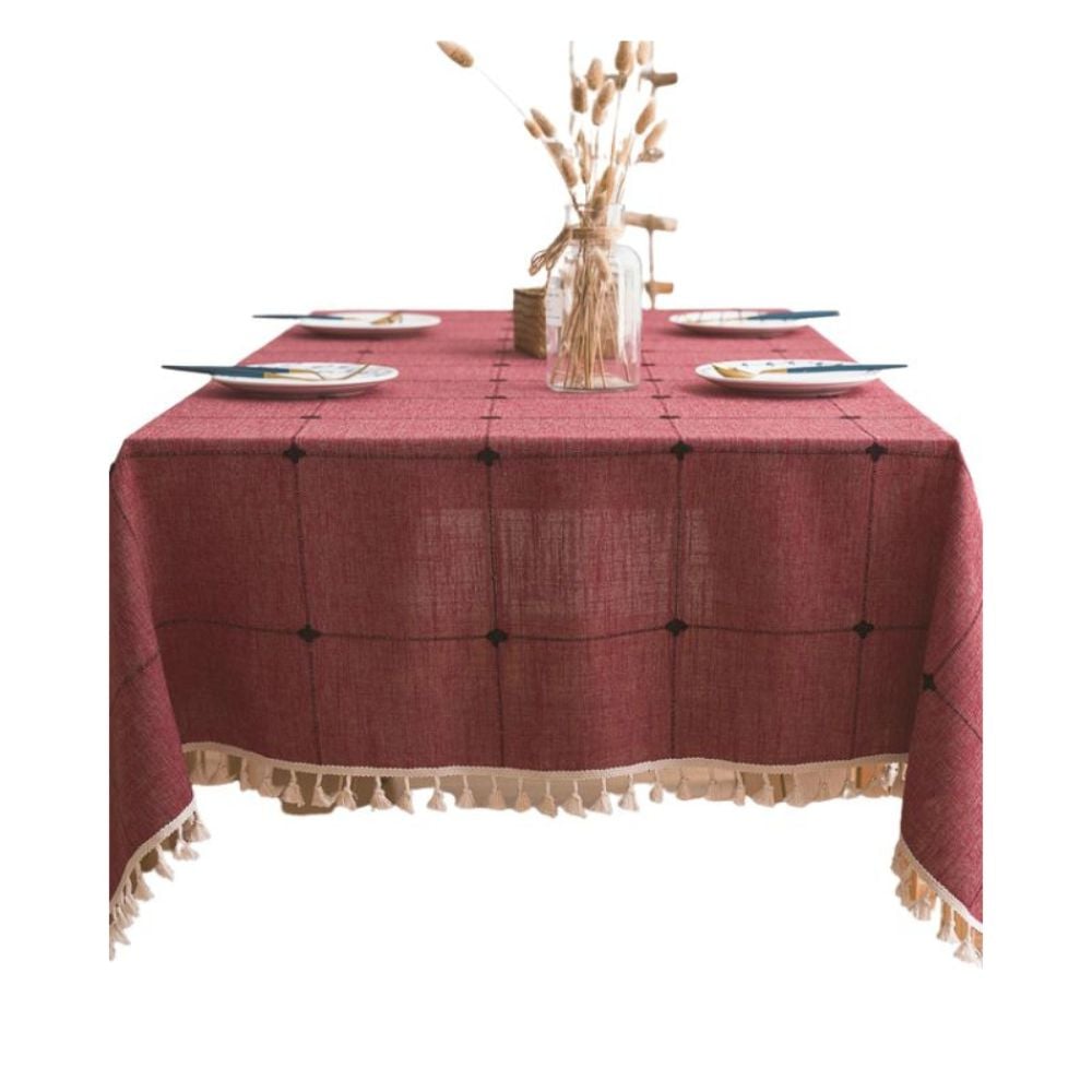 Mantel Rectangular Burdeo Bordado lino 140 cm x 220 cm BOHEMIK