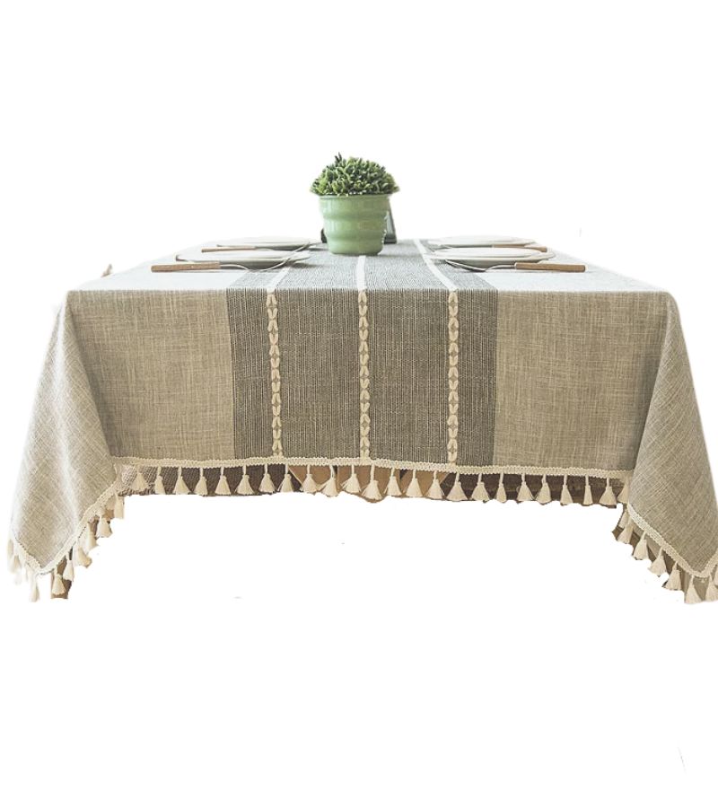 Mantel Tonos Gris Piedra Con Bordados Blancos Centrales de lino 140 cm x 200 cm - 1