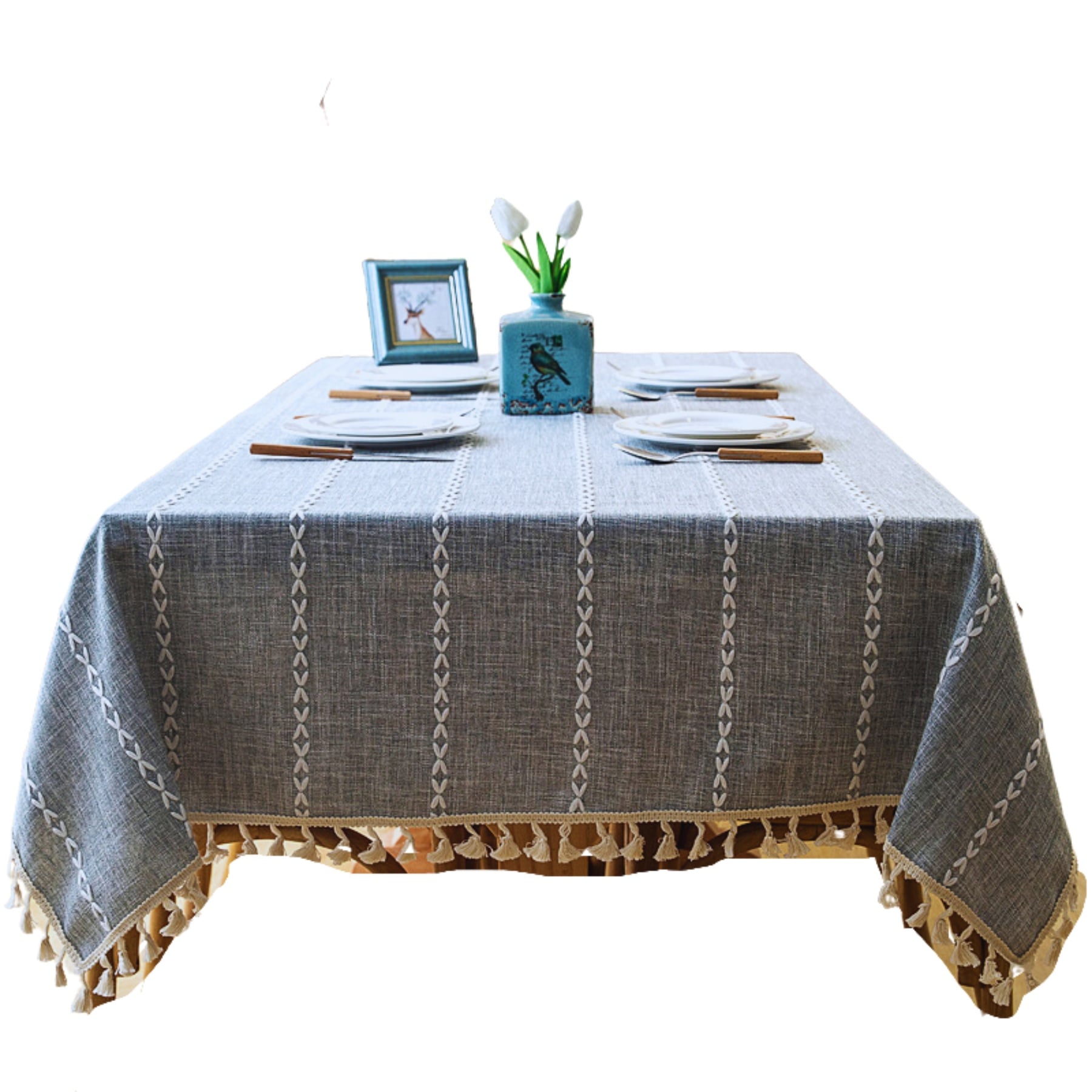 Mantel Rectangular Gris Piedra Con Vivos Blancos de lino 140 cm x 200 cm BOHEMIK - 1