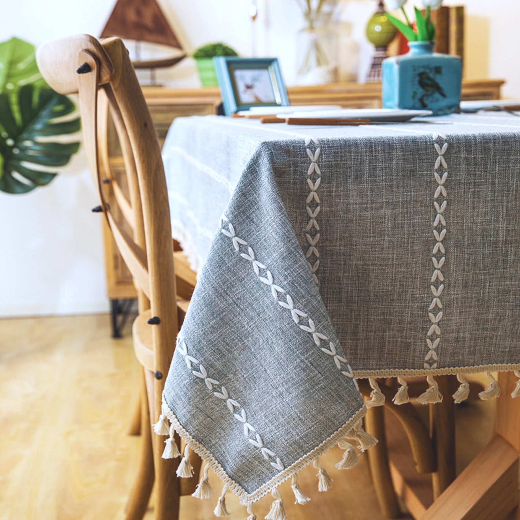 Mantel Rectangular Gris Piedra Con Vivos Blancos de lino 140 cm x 200 cm BOHEMIK - 3