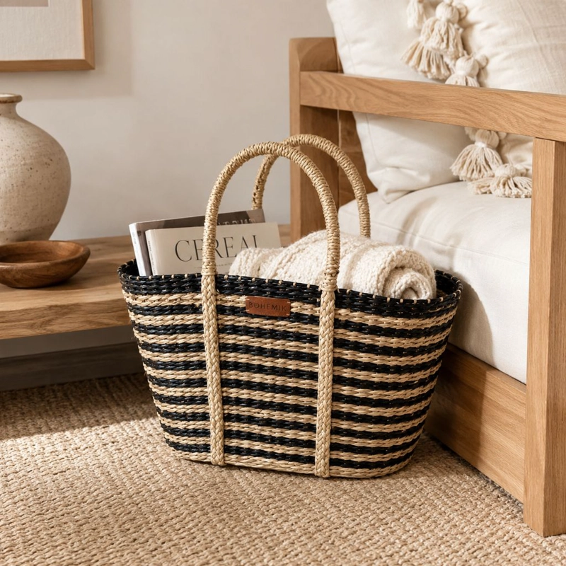 Bolso Janet Boho de fibra natural con Líneas Negras Tejido a Mano 45 cm x 27 cm - 1