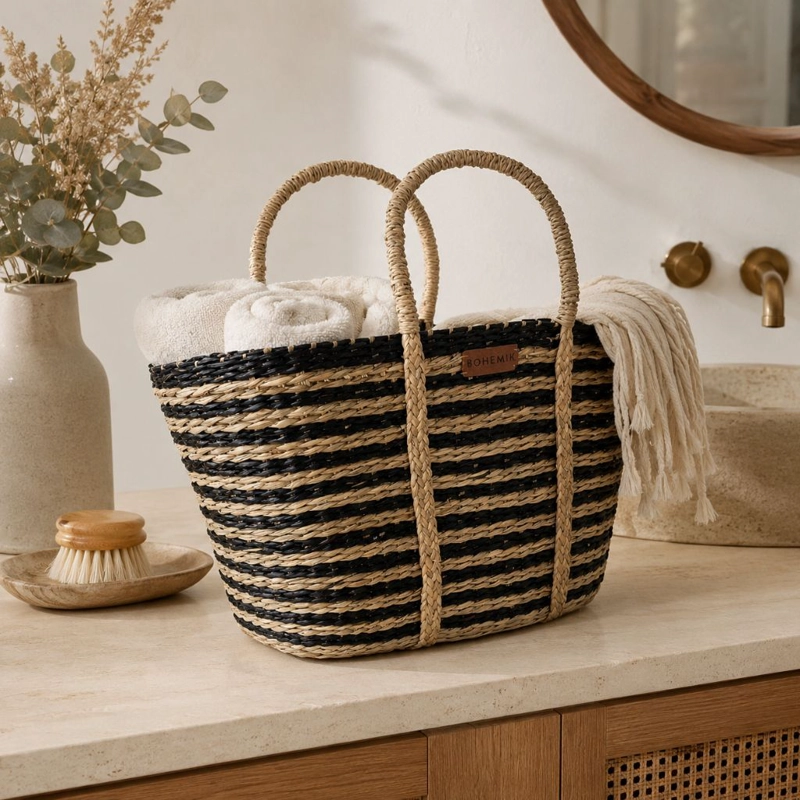 Bolso Janet Boho de fibra natural con Líneas Negras Tejido a Mano 45 cm x 27 cm - 5