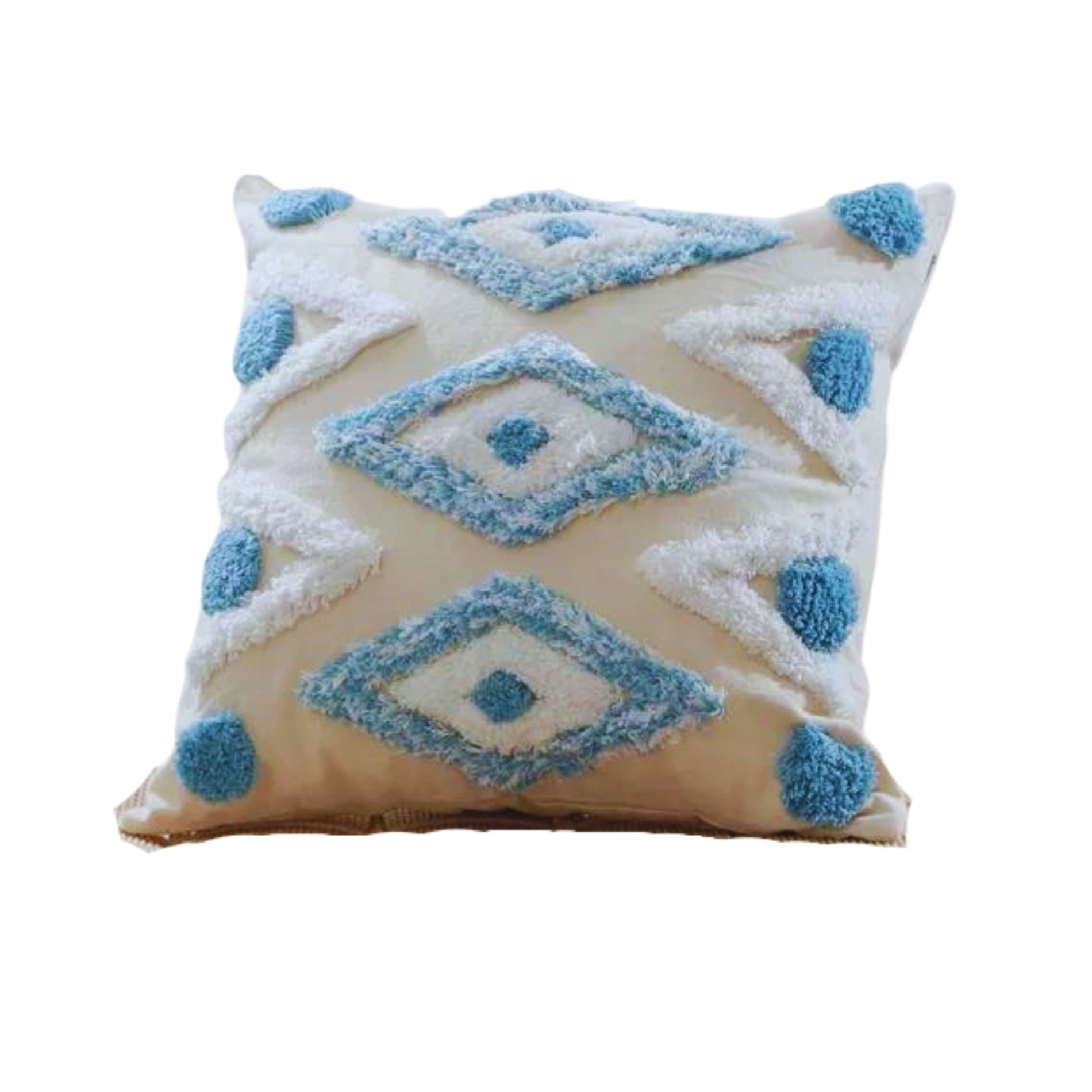 COJÍN BOHEMIK BORDADO BEIGE CON ROMBOS BLANCO AZUL - 1