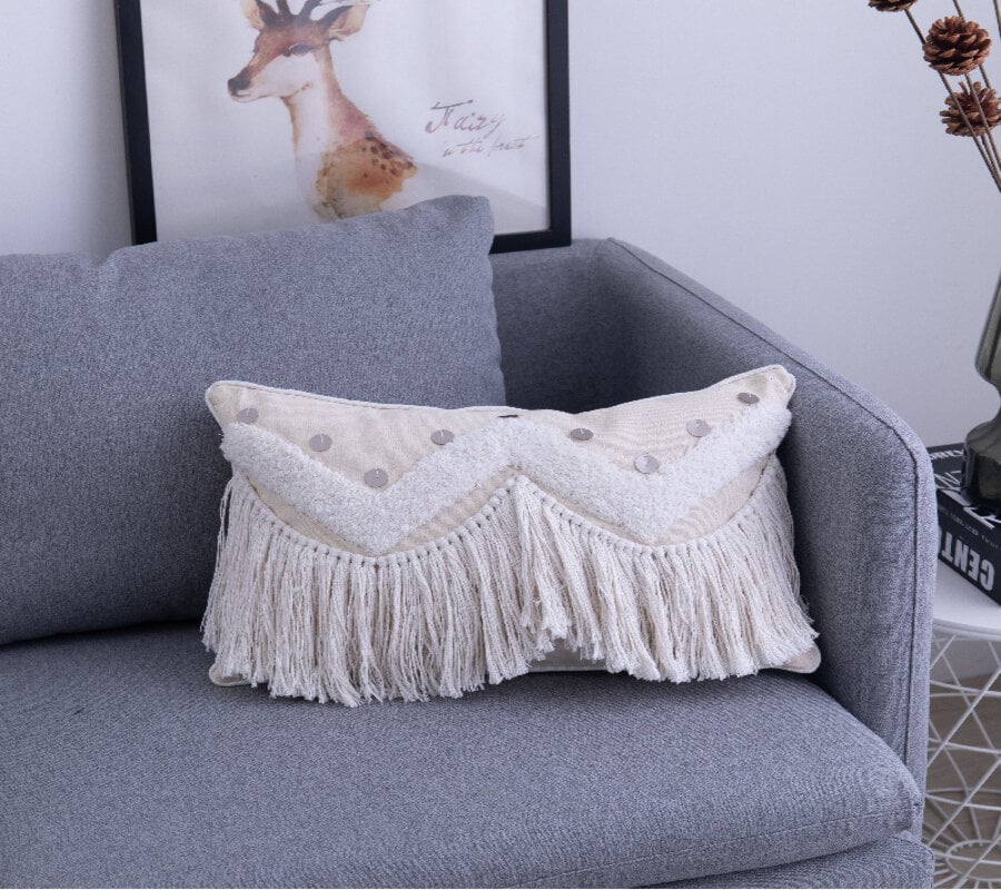 COJÍN BOHEMIK BORDADO ZIGZAG CON CADENA BORLAS BLANCO - 1
