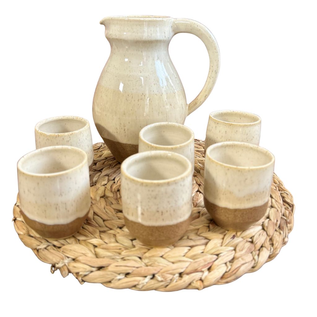 SET JARRA Y SEIS VASOS CERAMICA PARA PISCO SOUR EN COLOR CAFE TIERRA - 1