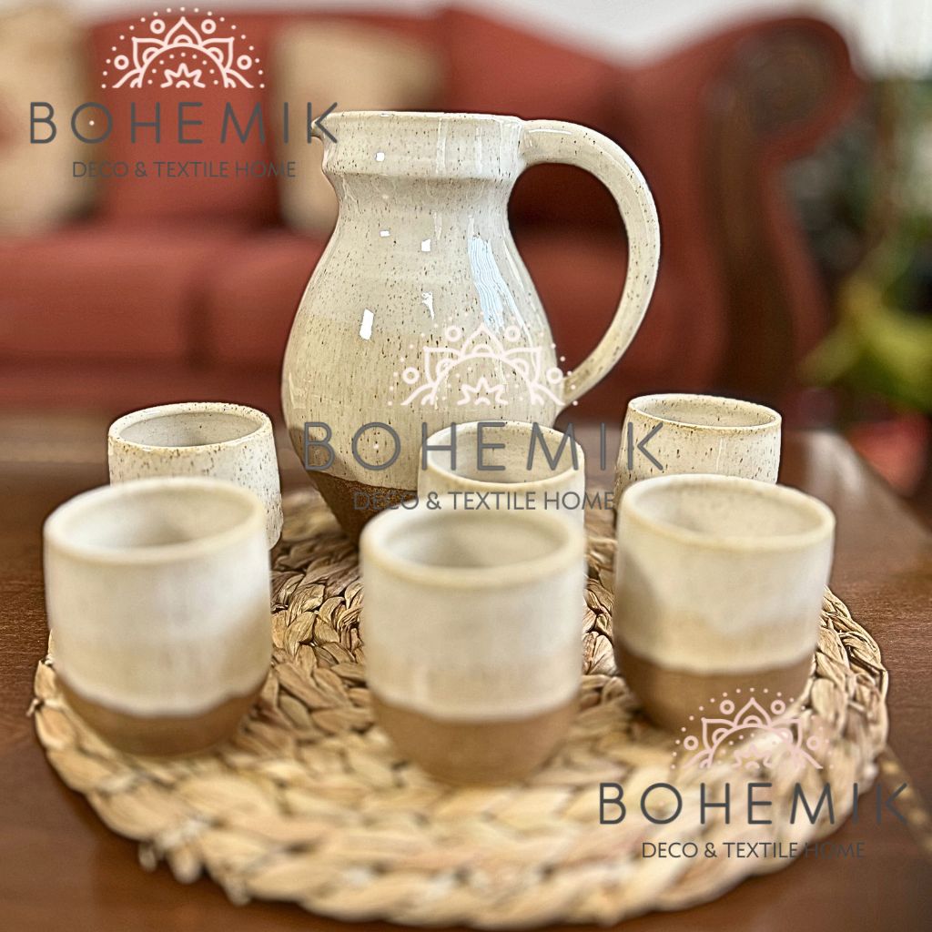 SET JARRA Y SEIS VASOS CERAMICA PARA PISCO SOUR EN COLOR CAFE TIERRA - 2