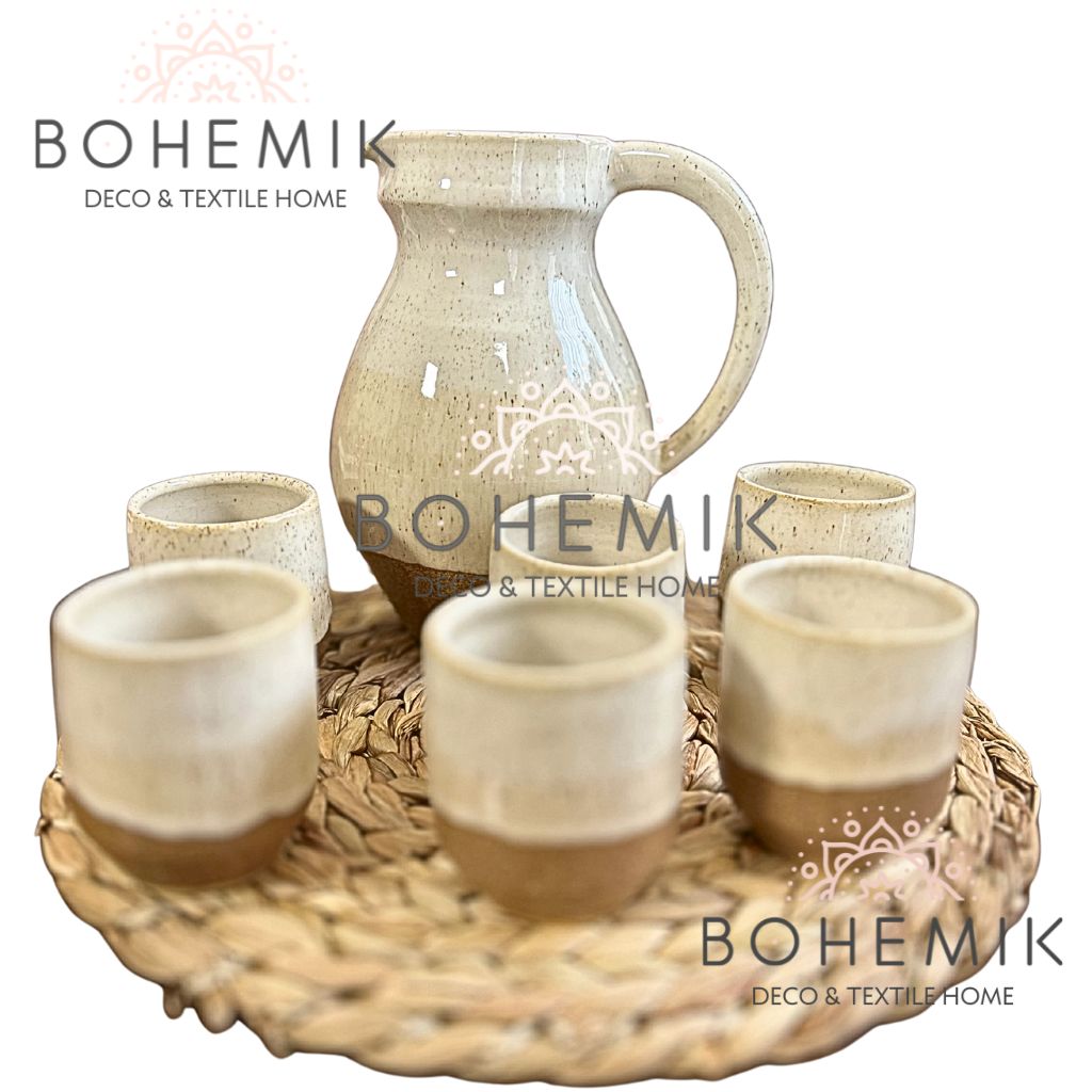 SET JARRA Y SEIS VASOS CERAMICA PARA PISCO SOUR EN COLOR CAFE TIERRA - 3