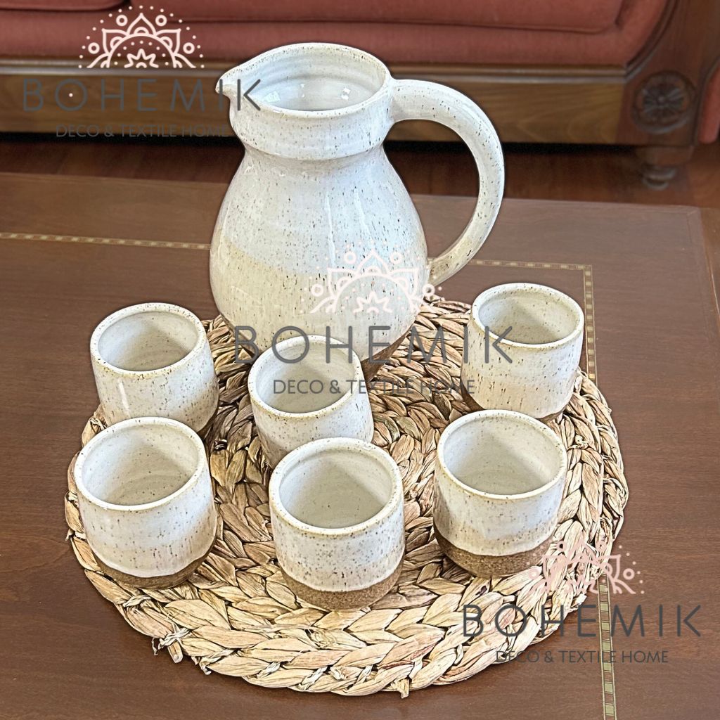 SET JARRA Y SEIS VASOS CERAMICA PARA PISCO SOUR EN COLOR CAFE TIERRA - 4