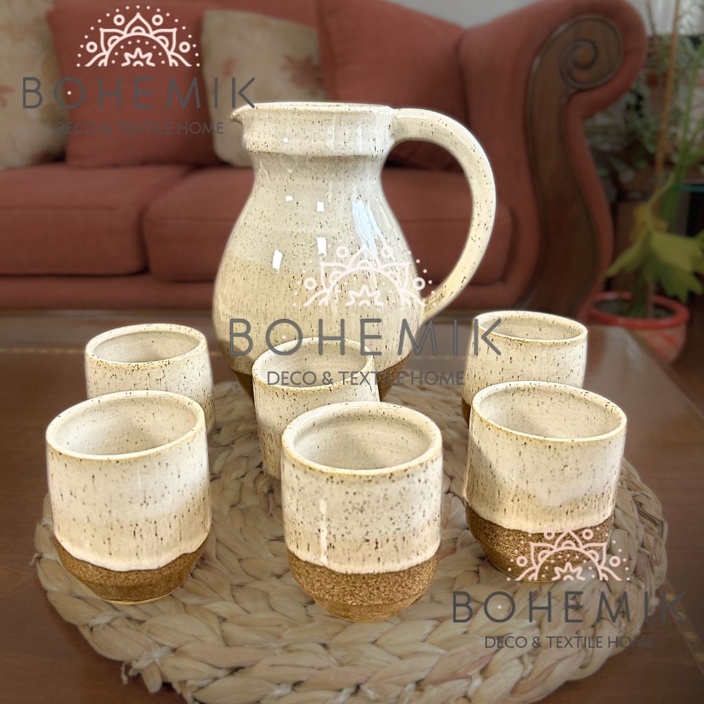 SET JARRA Y SEIS VASOS CERAMICA PARA PISCO SOUR EN COLOR CAFE TIERRA - 5