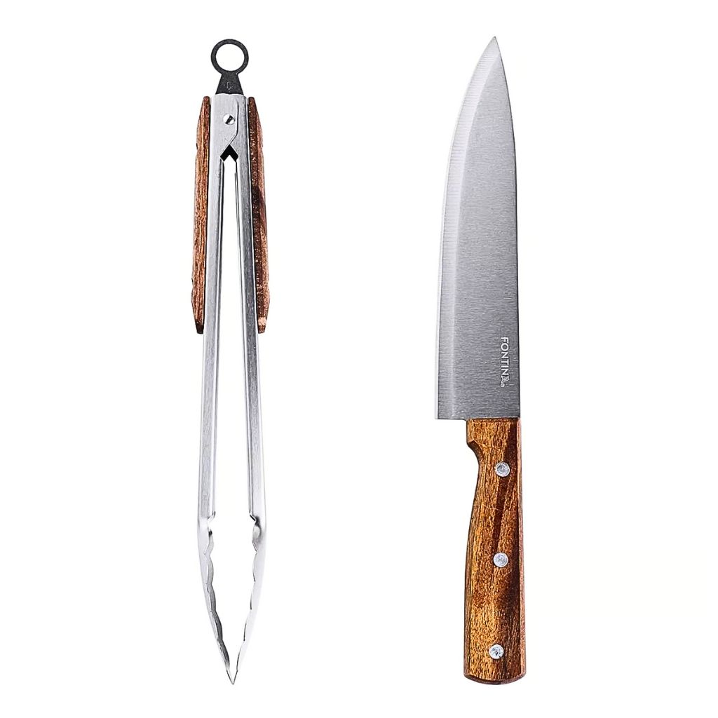 SET PARRILLERO CUCHILLO + TENAZAS FONTINA ACERO MANGO MADERA - 1