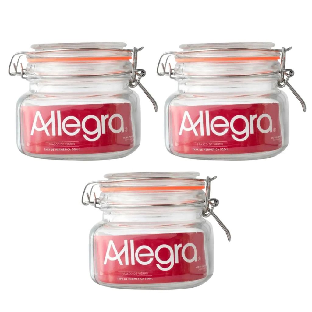 PACK DE 3 FRASCOS DE VIDRIO CON TAPA HERMETICA 500ML ALLEGRA - 1