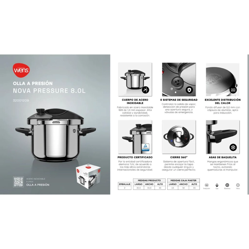 OLLA A PRESION DE ACERO INOXIDABLE 8L NOVA PRESSURE WENS - 2