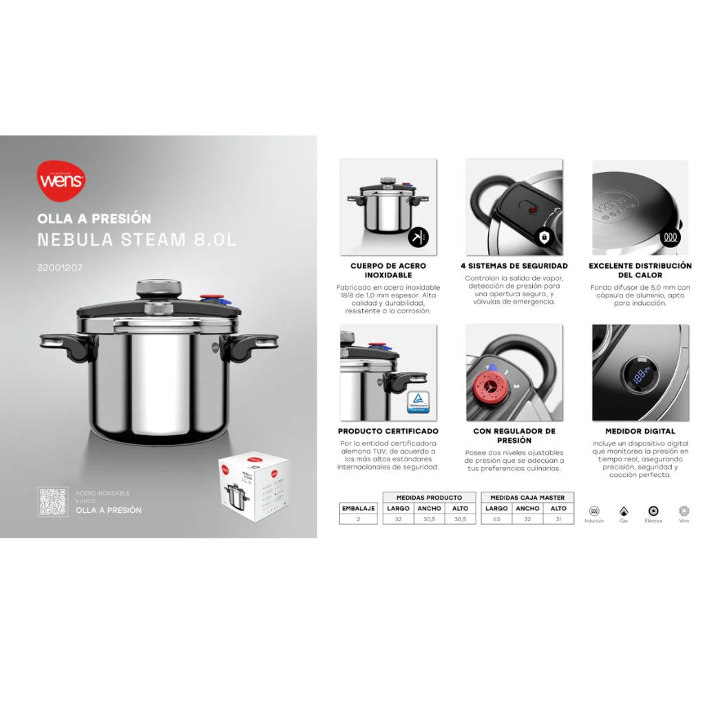 OLLA A PRESION DE ACERO INOXIDABLE 8LTRS NEBULA STEAM WENS - 4
