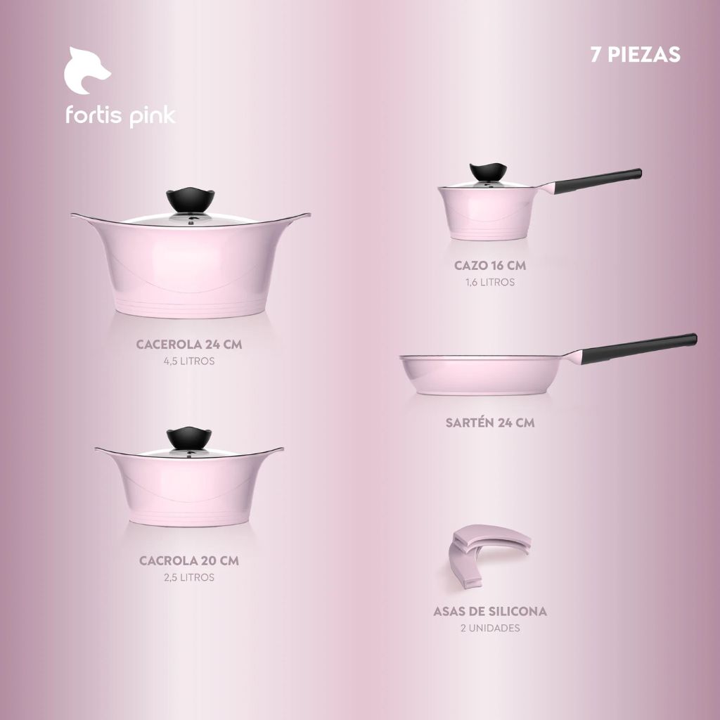 BATERIA COCINA ALUMINIO FUNDIDO 7 PIEZAS FORTIS PINK - 6