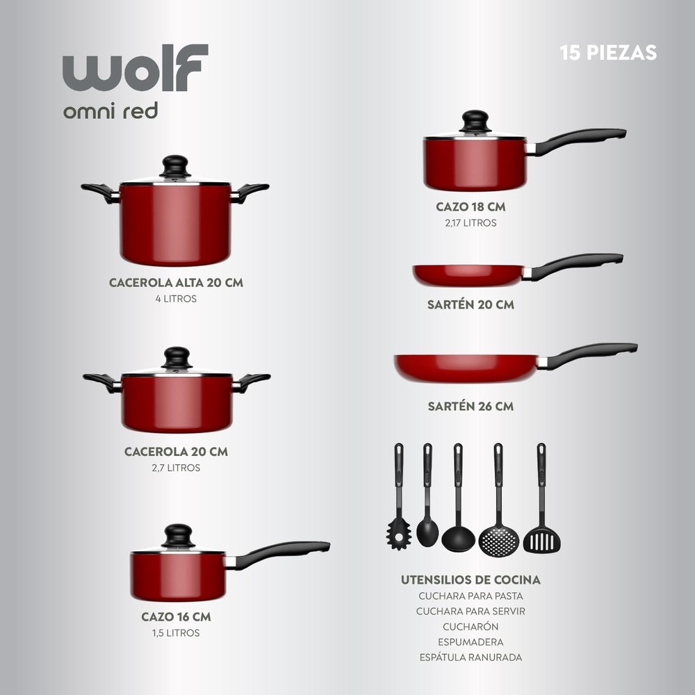 BATERIA DE COCINA 15PZAS ALUMINIO ANTIADHERENTE ROJO WOLF - 2