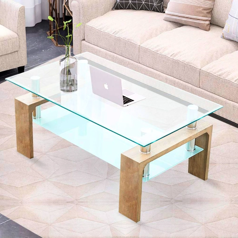 MESA DE CENTRO PARA LIVING RECTANGULAR DE VIDRIO Y MADERA - 5