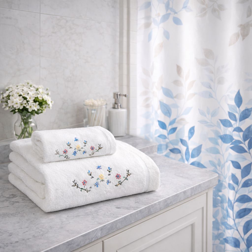 SET DE 3 TOALLAS BORDADAS ALGODON 550 GSM FLORAL  (1 X TAMAÑO)  Y CORTINA DE BAÑO AZZURRO - 1