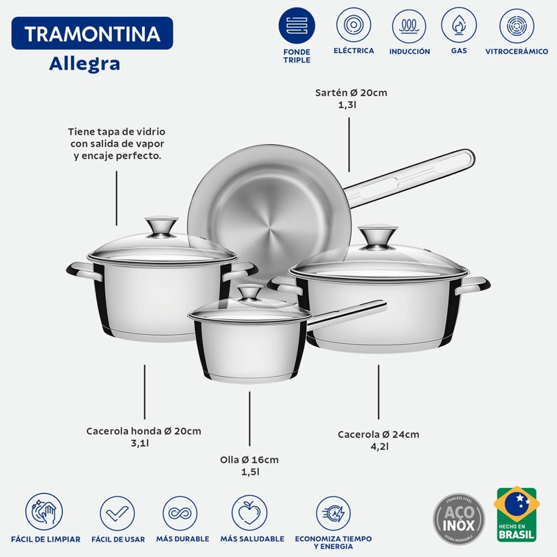 BATERIA DE COCINA 4 PIEZAS EN ACERO 18/10 TRAMONTINA ALLEGRA - 2