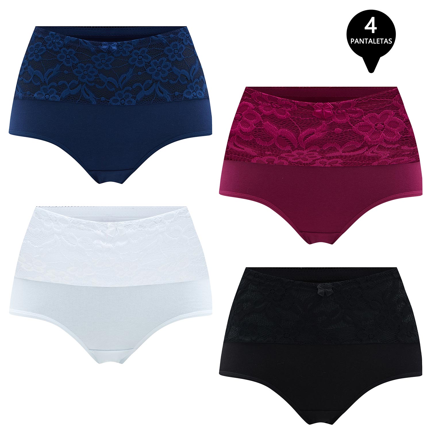 PACK DE 4 CALZON TIRO ALTO MUJER GIOVACCHINO G-120-P4-C1 ALGODÓN CON ENCAJE - 1
