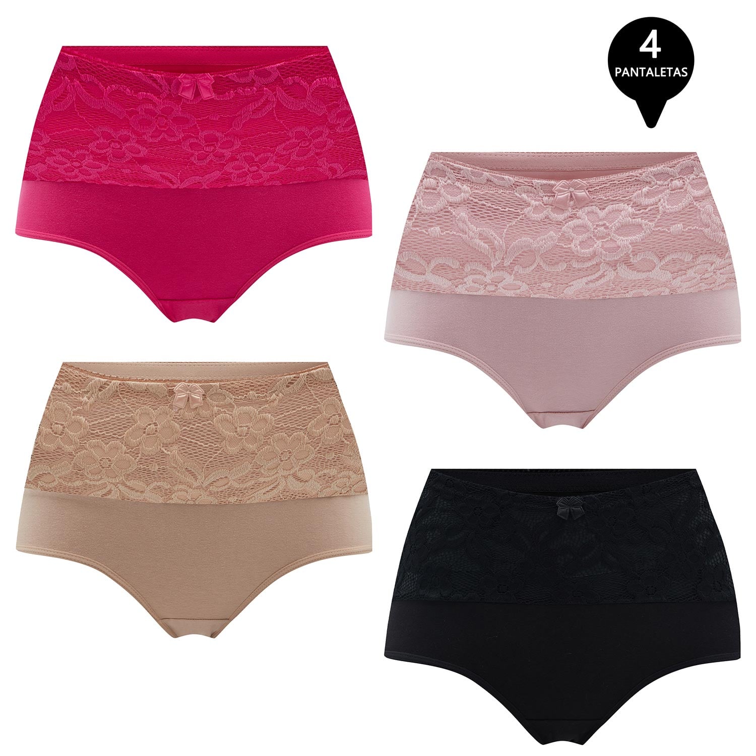 PACK DE 4 CALZON TIRO ALTO MUJER GIOVACCHINO G-120-P4-C3 ALGODÓN CON ENCAJE - 1