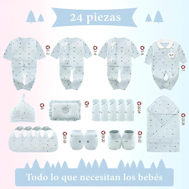 SET AJUAR ALGODON UNISEX LUBABYCAS CELESTE BEBE ROPA 24 PIEZAS - 6