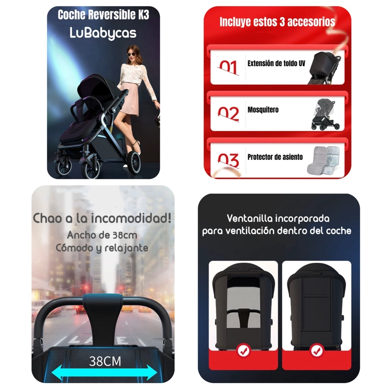 COCHE PASEO LUBABYCAS REVERSIBLE MULTIPOSICIONES NEGRO - 2