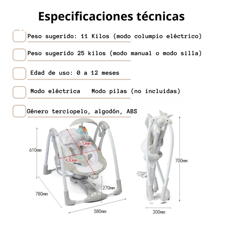 COLUMPIO INGENUITY MECEDORA ELÉCTRICO VIBRACIÓN LUBABYCAS GRIS - 8