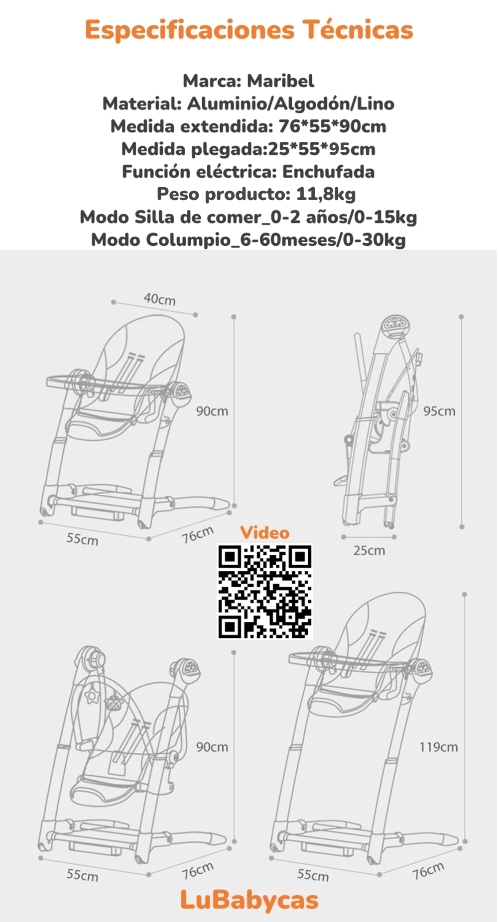 SILLA DE COMER Y COLUMPIO MECEDOR LUJOSO LUBABYCAS GRIS - 8