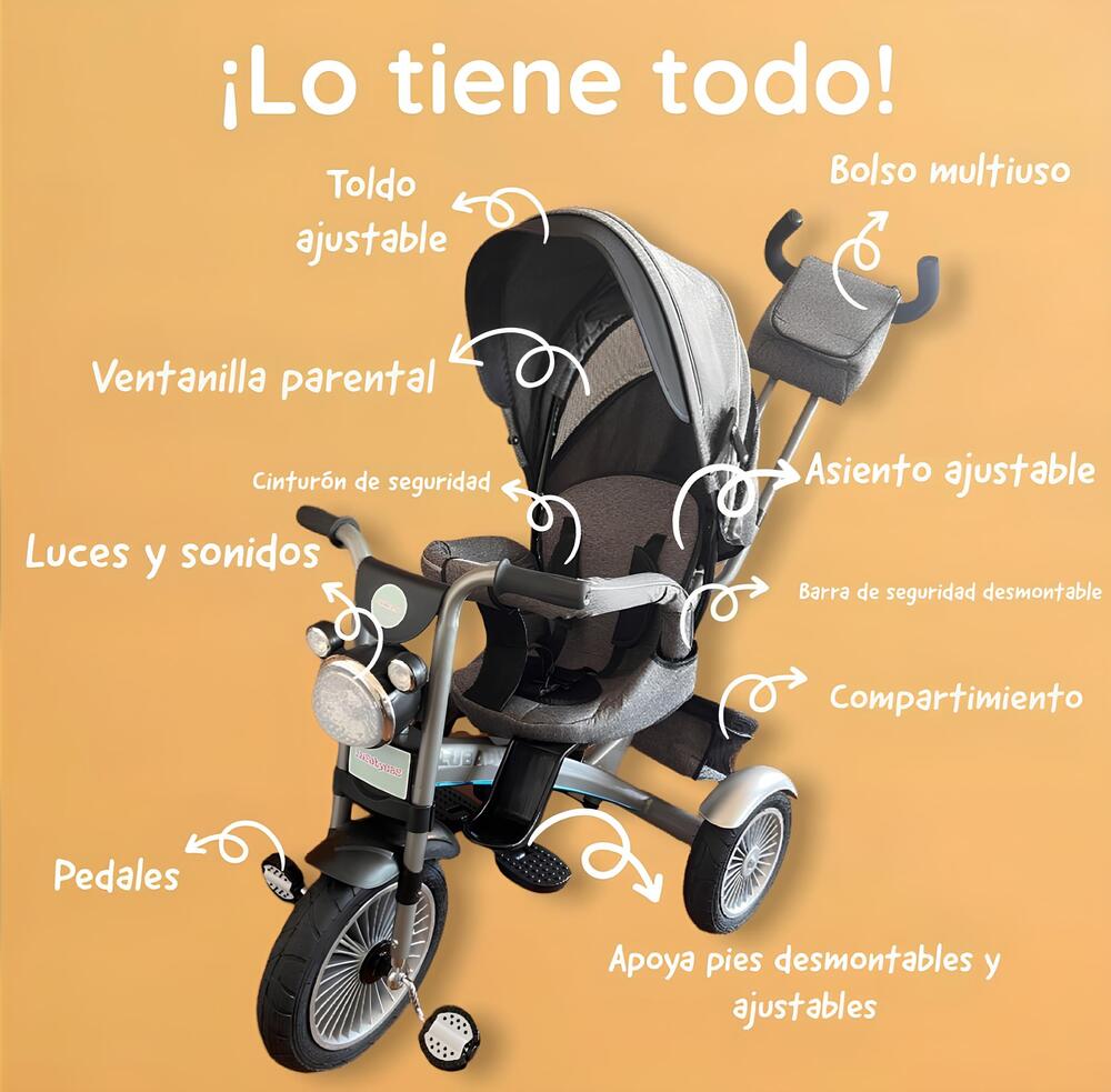 TRICICLO LUBABYCAS MULTIFUNCIONAL 360° CON LUCES GRIS - 5