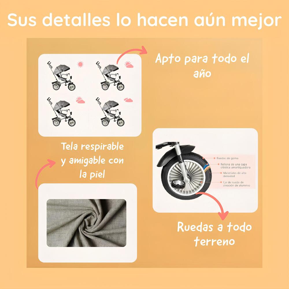 TRICICLO LUBABYCAS MULTIFUNCIONAL 360° CON LUCES GRIS - 7