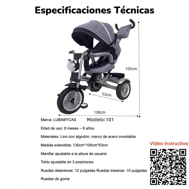 TRICICLO LUBABYCAS MULTIFUNCIONAL 360° CON LUCES GRIS - 8