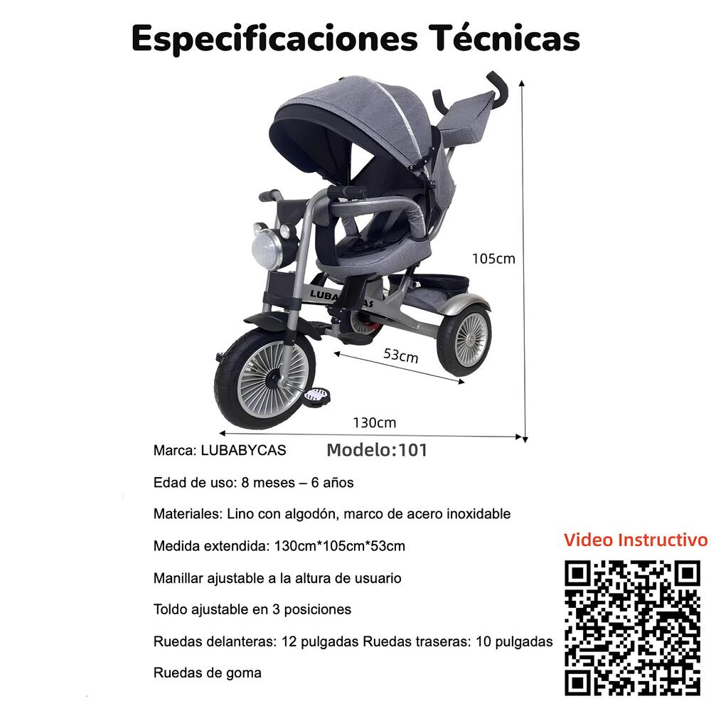 TRICICLO LUBABYCAS MULTIFUNCIONAL 360° CON LUCES GRIS - 8