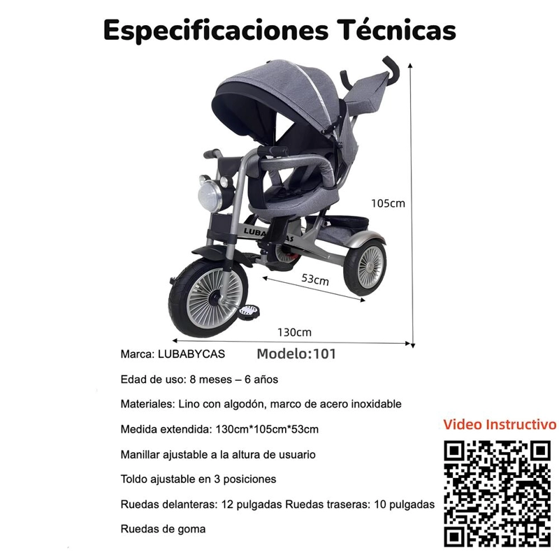 TRICICLO LUBABYCAS MULTIFUNCIONAL 360° CON LUCES NEGRO - 8