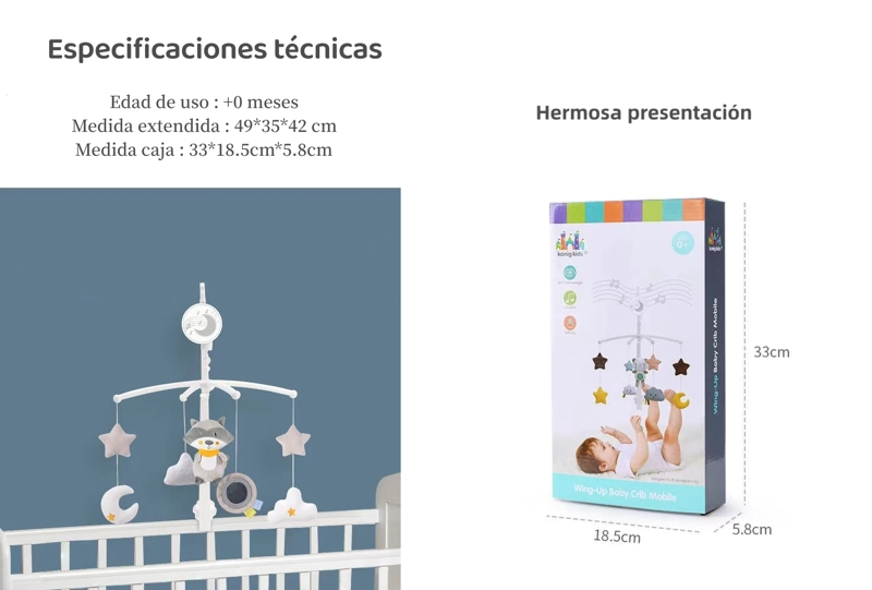 MÓVIL LUBABYCAS MUSICAL 360° CON CAJA MAPACHE GRIS - 8